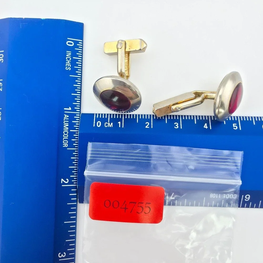 Vtg 80 Yr Old SWANK Cufflinks Deep Red Glass Cabochon Mid-Century Gold Plate